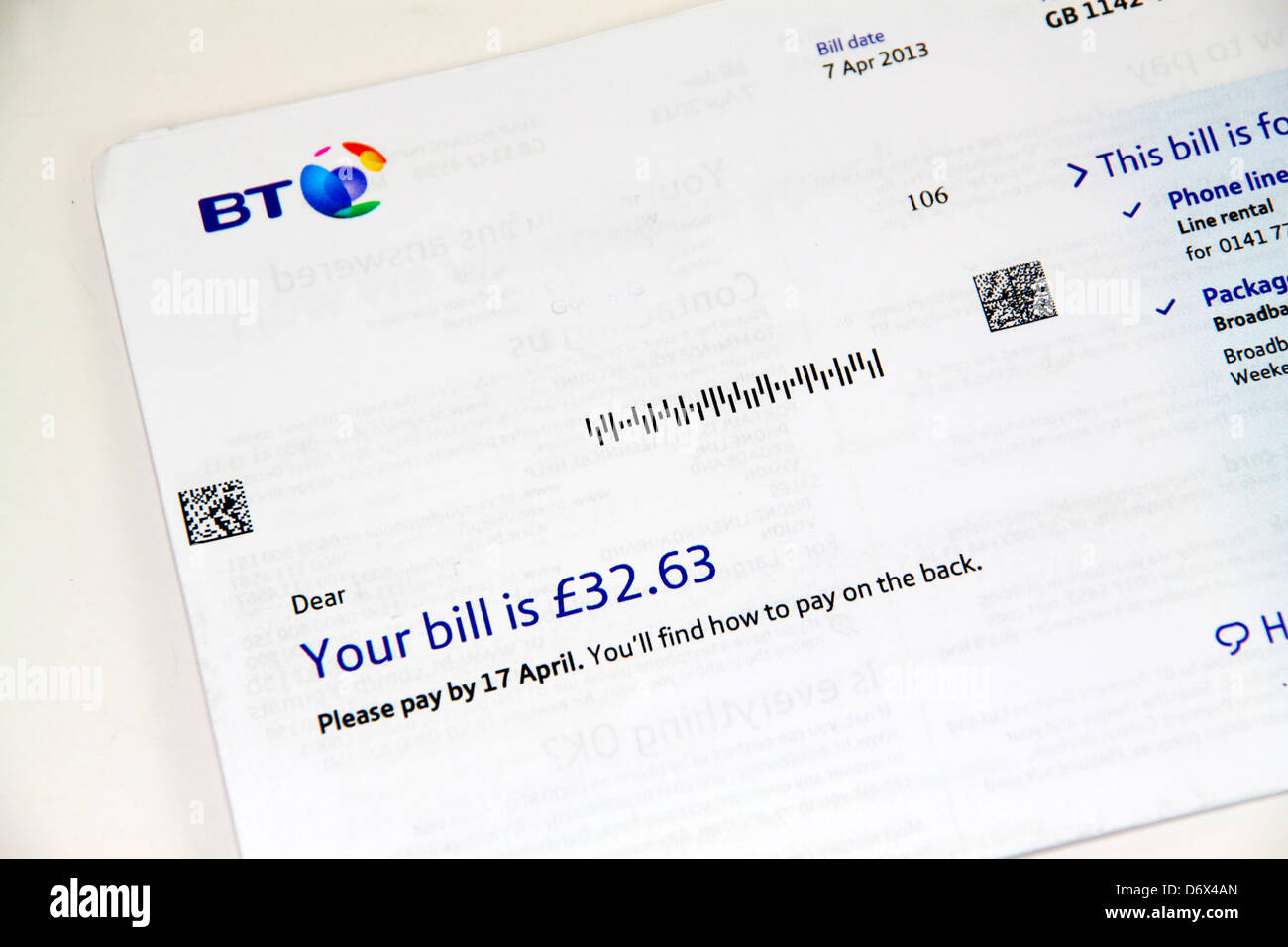 BT-Festnetz-Telefonrechnung UK 2013 Stockfoto