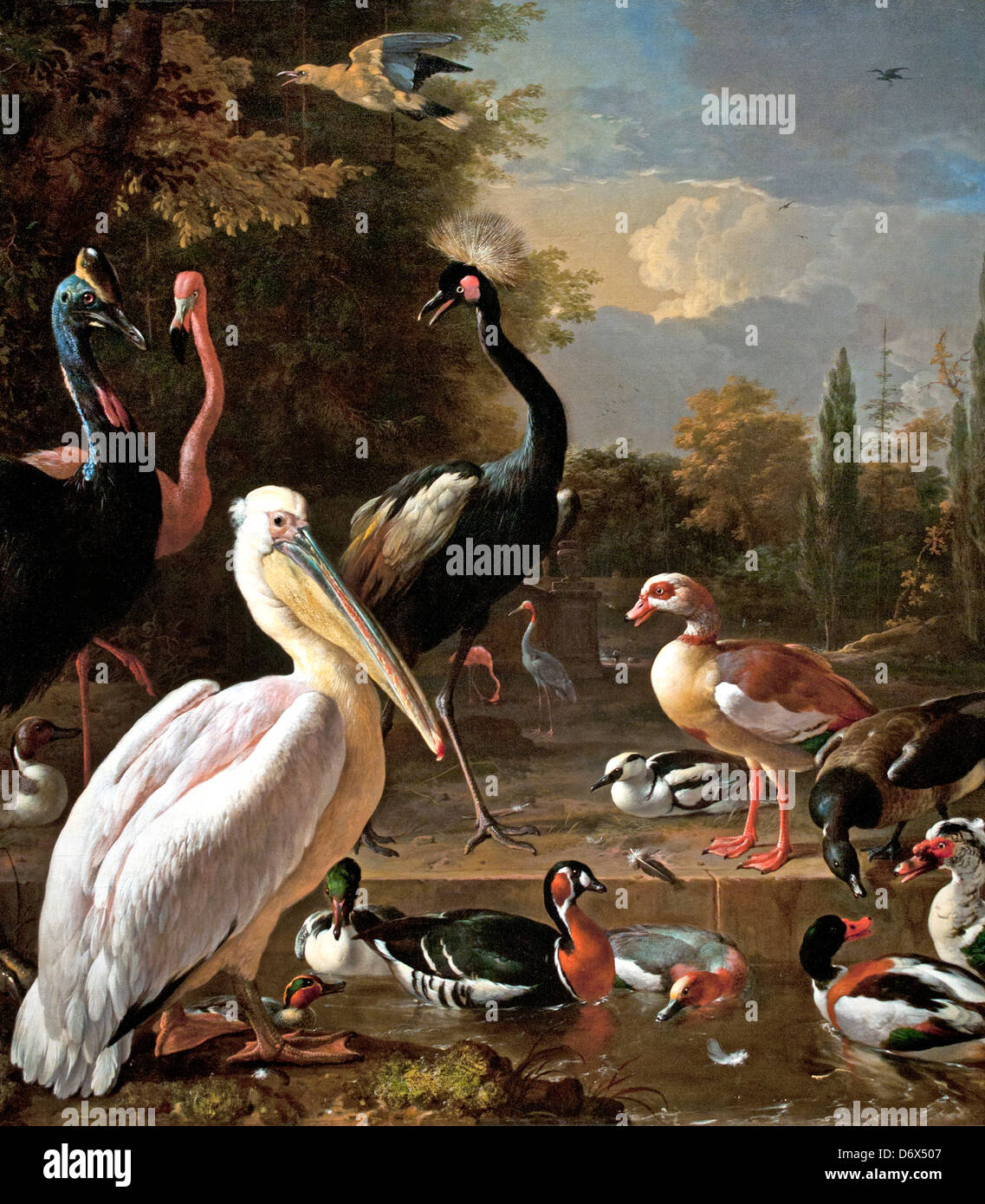 Ein Pelikan und andere Vögel, die einem Wasserbecken bekannt sind Wie die schwebende Feder 1680 Melchior d' Hondecoeter 1636 - 1695 Die Niederlande Niederländisch Stockfoto