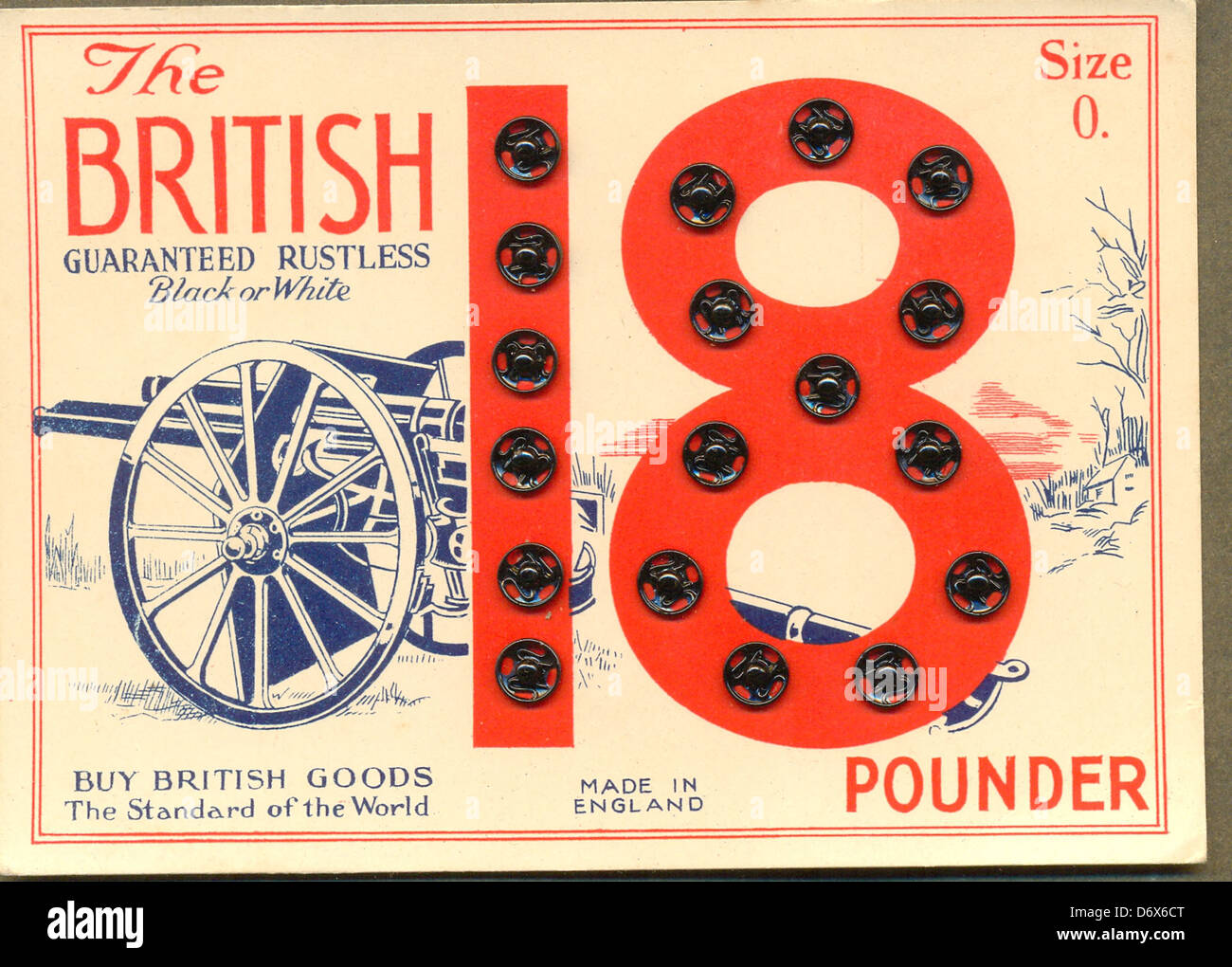 Grafikkarte für die britische 18-Pfünder-Druckknopf Stockfoto