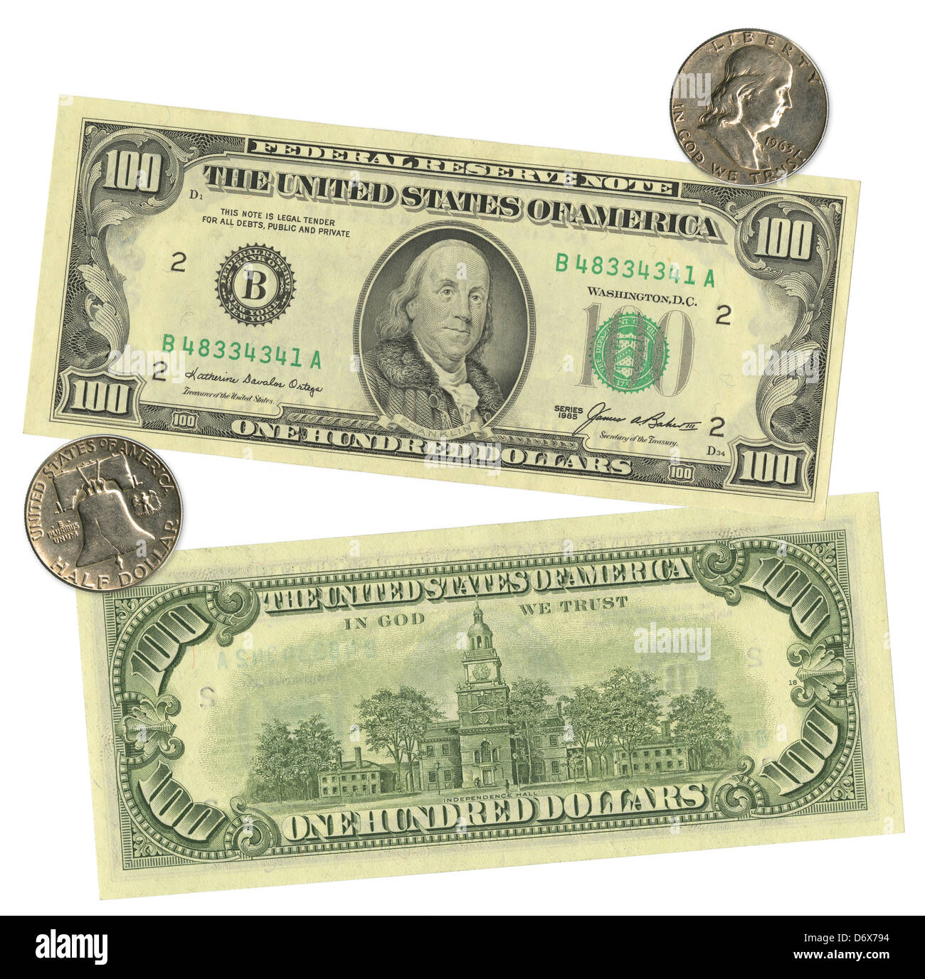 Benjamin Franklin in den USA 1985 $100 Bill und einen halben Dollar 1963 Silber. Stockfoto