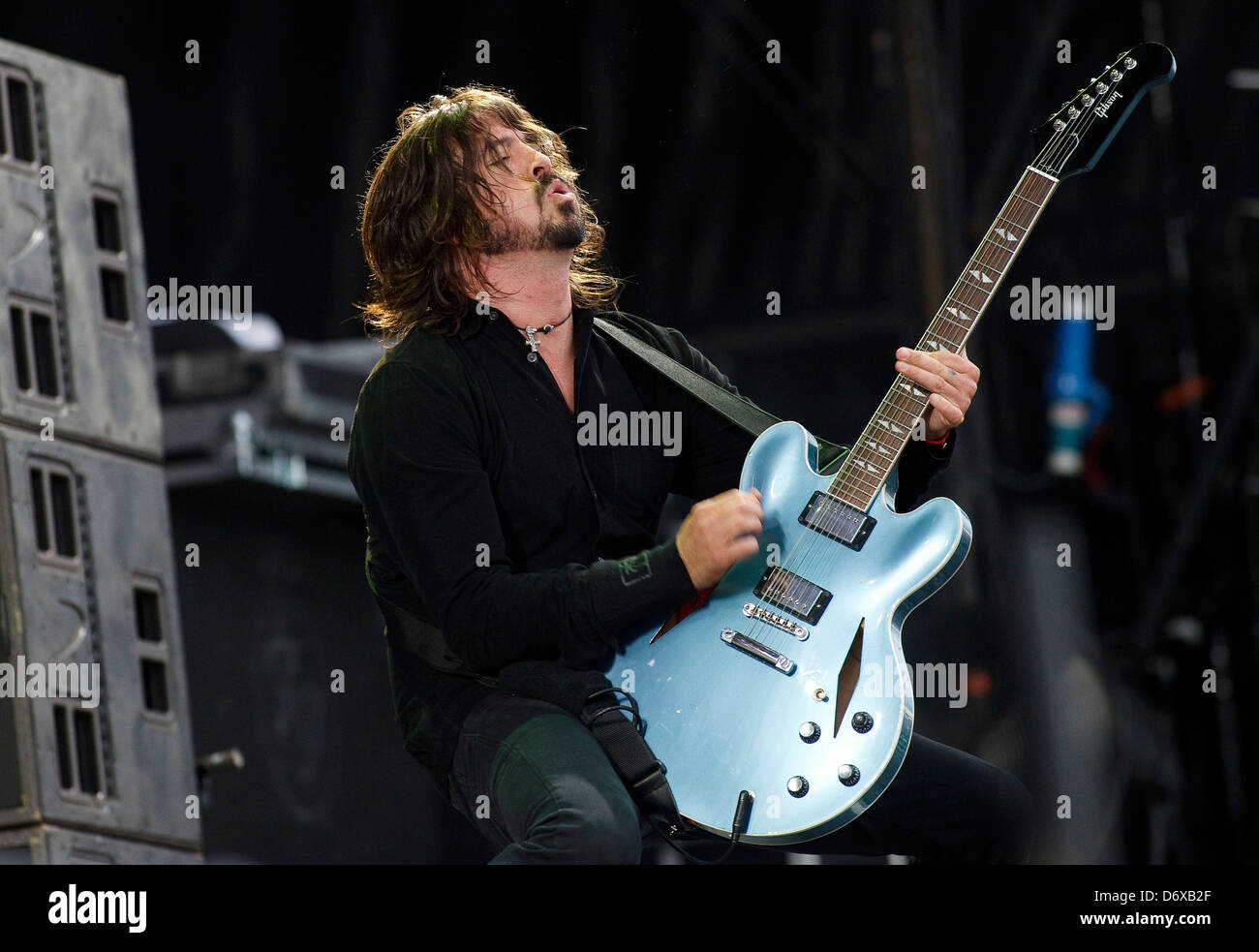 Dave Grohl von den Foo Fighters auf der Main Stage als Schlagzeile auf T im Park Music Festival, Balado, Schottland tätig. Stockfoto