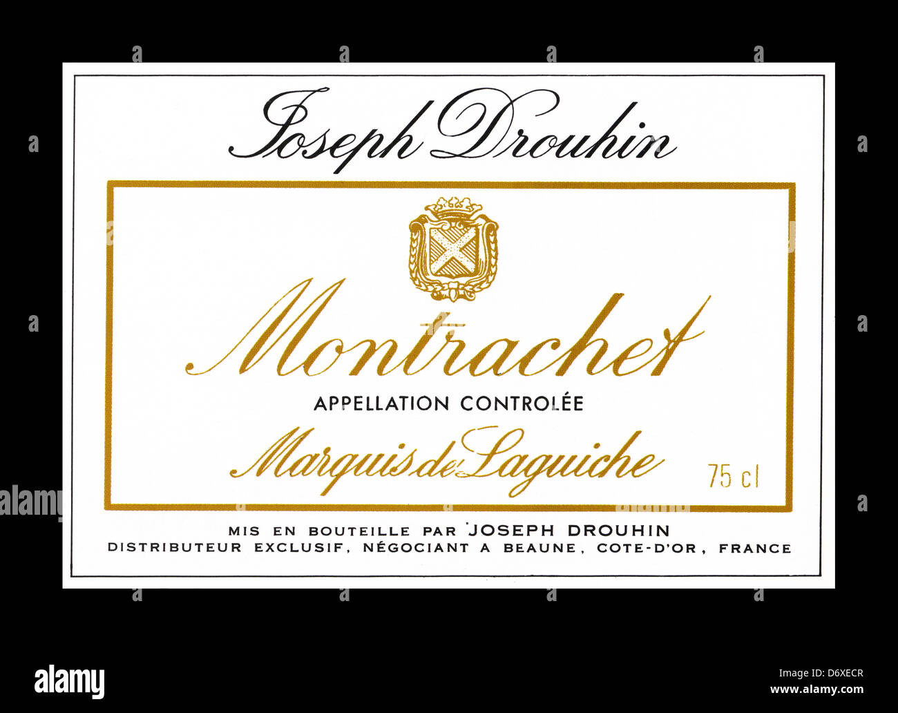 MONTRACHET GRAND CRU LABEL ' Montrachet ' von Marquis de Laguiche, negociant Joseph Drouhin Cote d'Or Burgund Frankreich Stockfoto