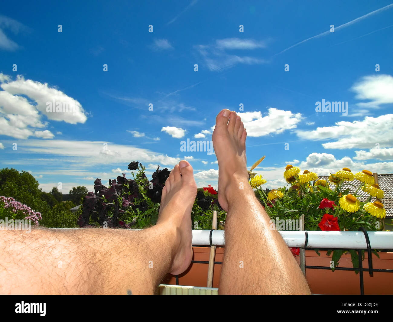 Füße in die blauen Frühlingshimmel zeigen, kommen das neue Fenster, die Kästen gepflanzt werden, jetzt im Sommer. Stockfoto