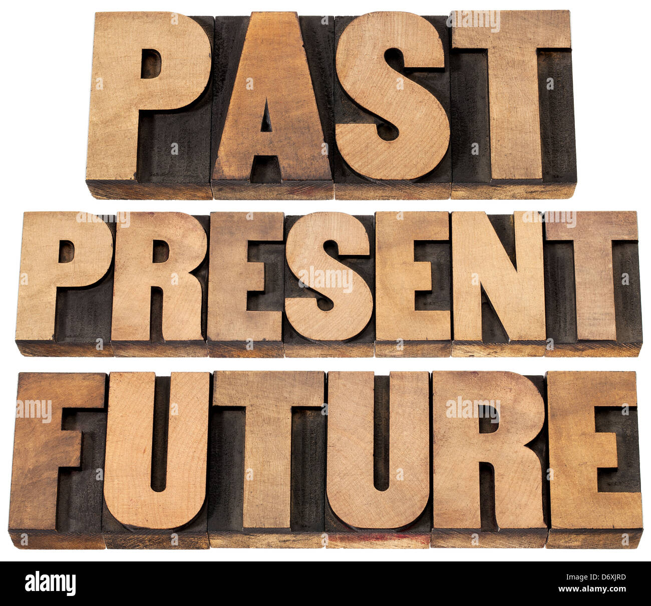 Vergangenheit Gegenwart, Zukunft - eine Collage von isolierten Wörtern in Vintage Buchdruck Holz geben Druckstöcke Stockfoto