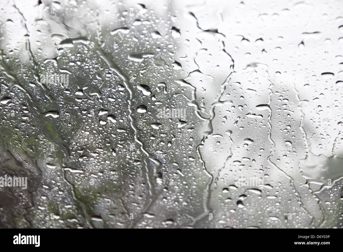 Tau auf den Spiegel, A Windschutzscheibe Spiegel an einem regnerischen Tag. Stockfoto