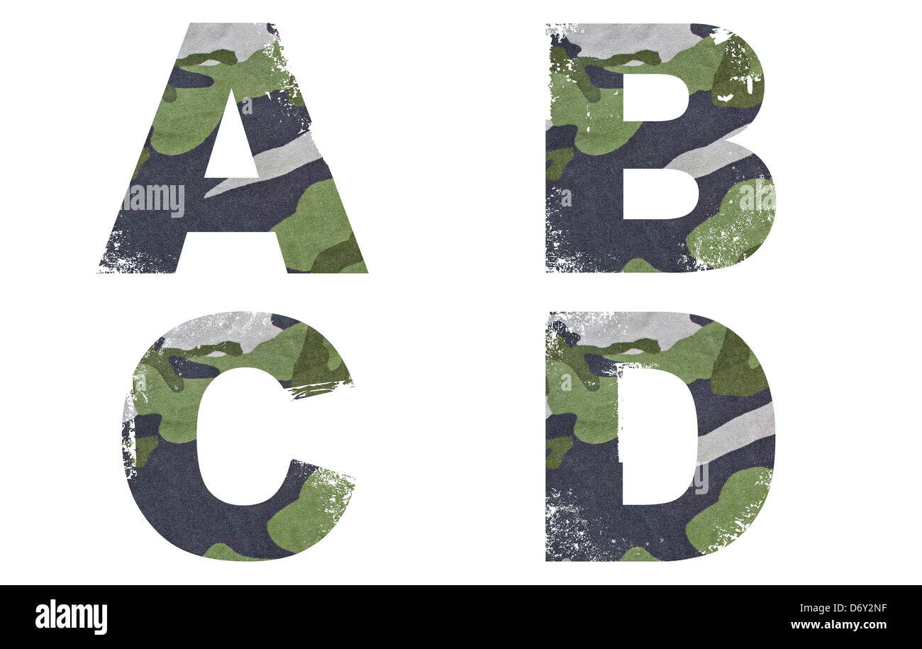 A-B-C-D-Alphabet von militärischen Stoff Textur auf weißem Hintergrund. Stockfoto