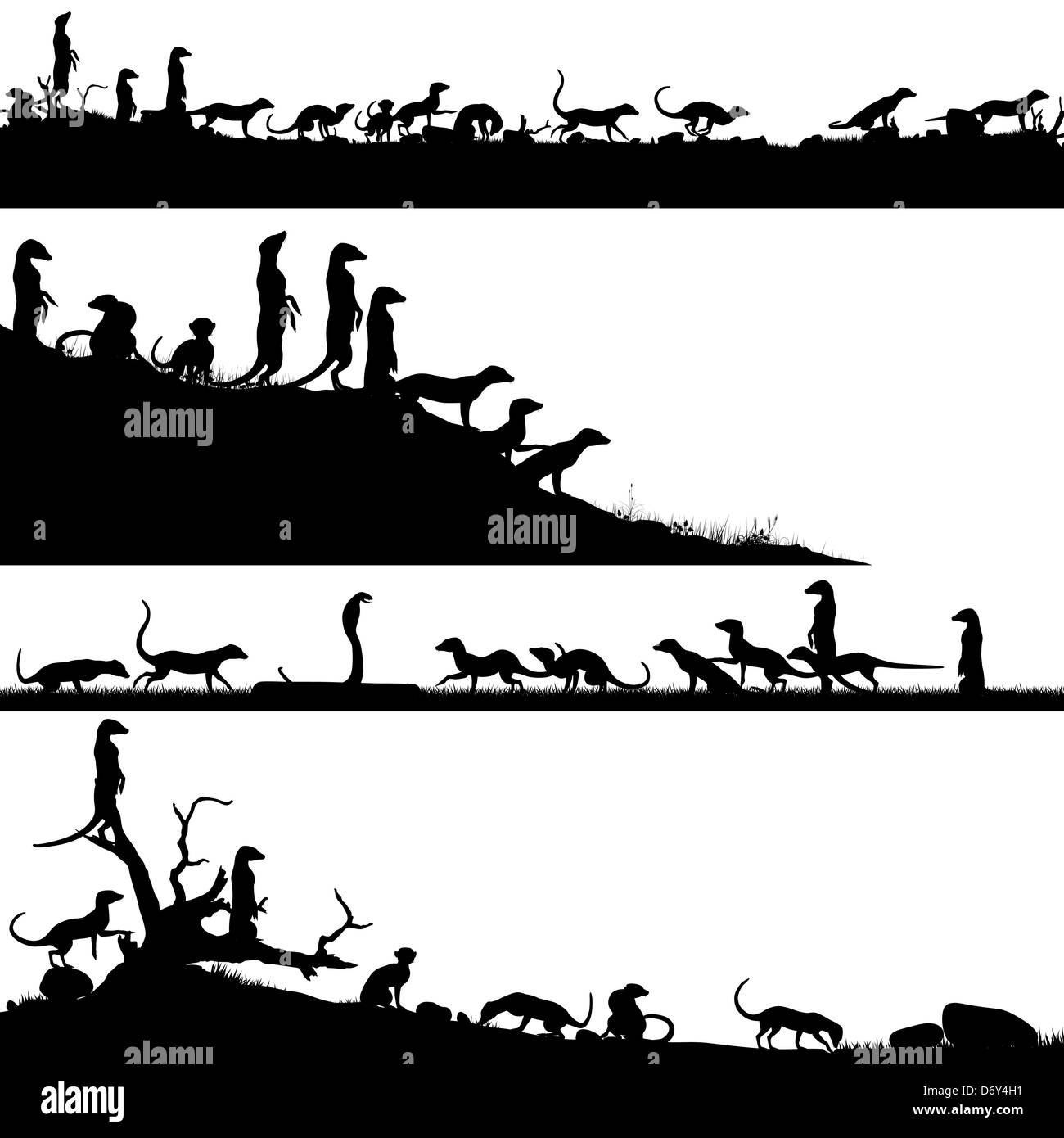 Reihe von illustrierten Vordergrund Silhouetten der afrikanischen Erdmännchen Stockfoto