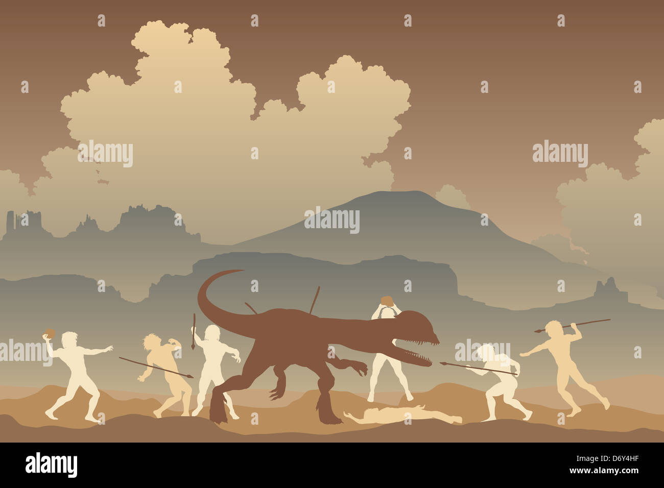 Illustration der Höhlenmenschen kämpfen einen Dilophosaurus Dinosaurier in einer urtümlichen Landschaft Stockfoto