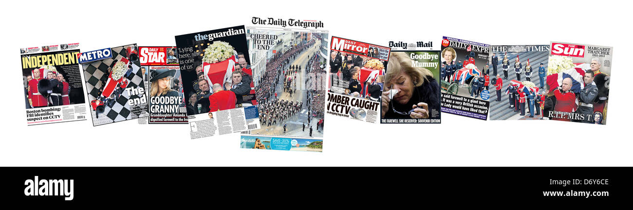 Britische nationale Zeitung Titelseiten Abdeckung der Baronin Margaret Thatchers Beerdigung. Stockfoto