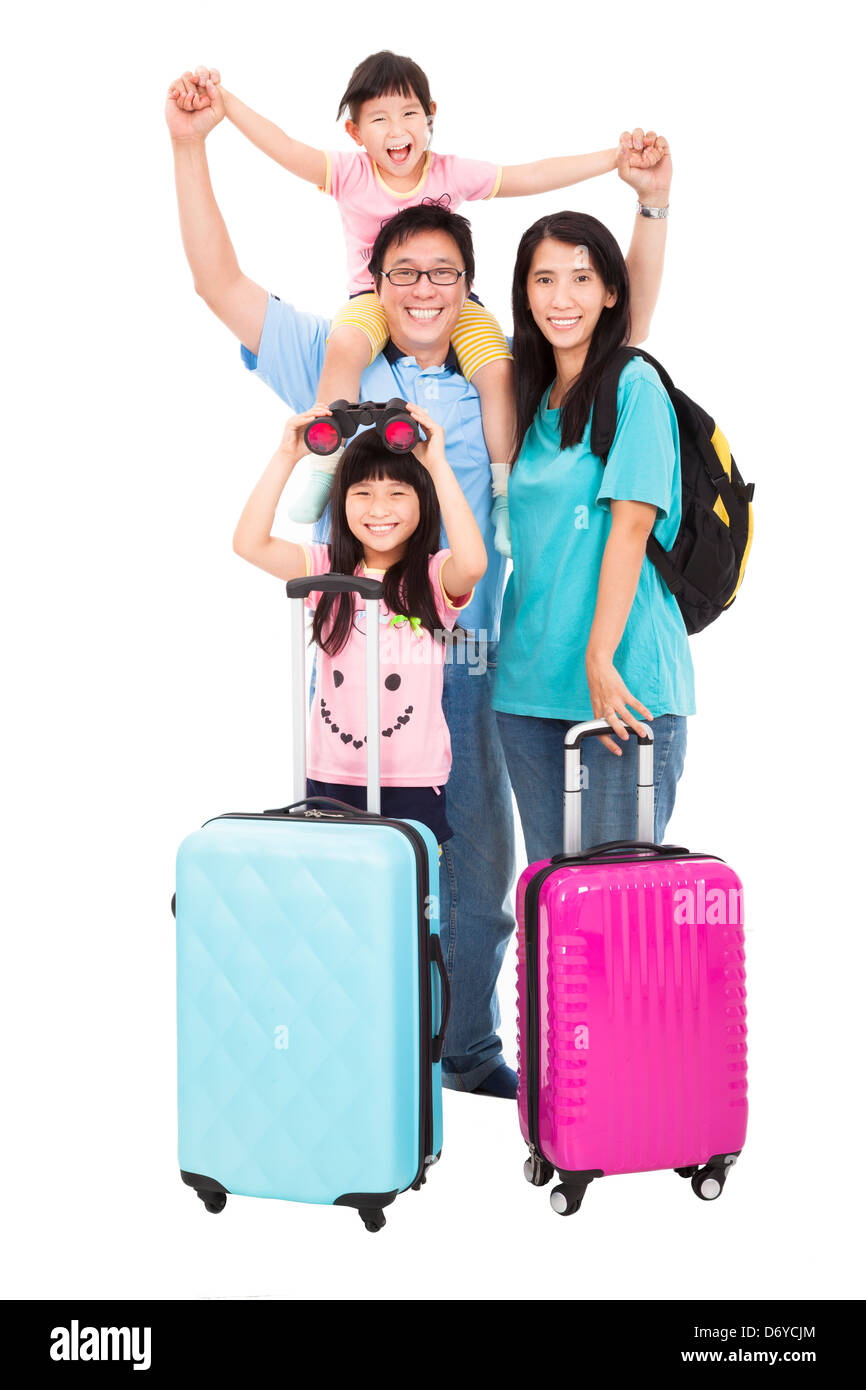 glückliche Familie mit Koffer in den Urlaub Stockfoto