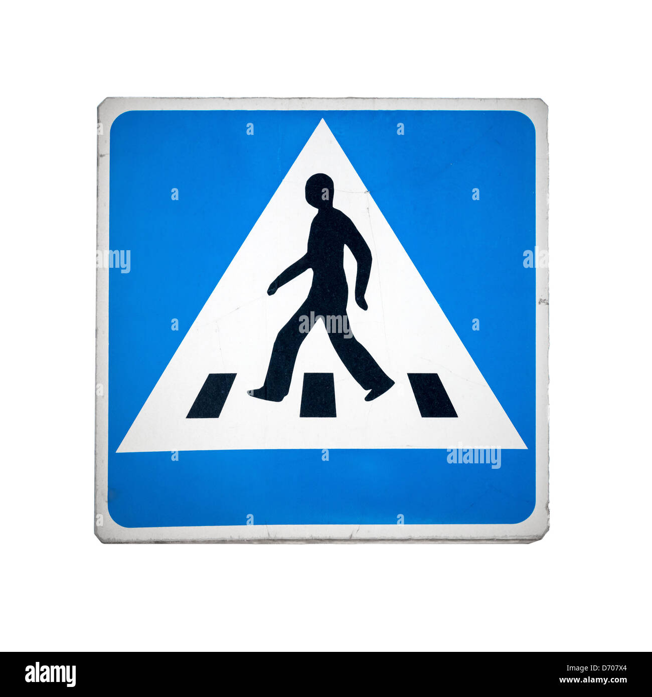 Blaues Quadrat Fußgängerüberweg Zeichen isoliert auf weiss Stockfoto