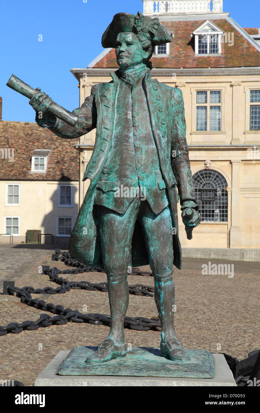 Kings Lynn, Norfolk, Kapitän George Vancouver Statue, britisches Englisch Marine Explorer, Entdecker, Purfleet Quay, England UK Stockfoto