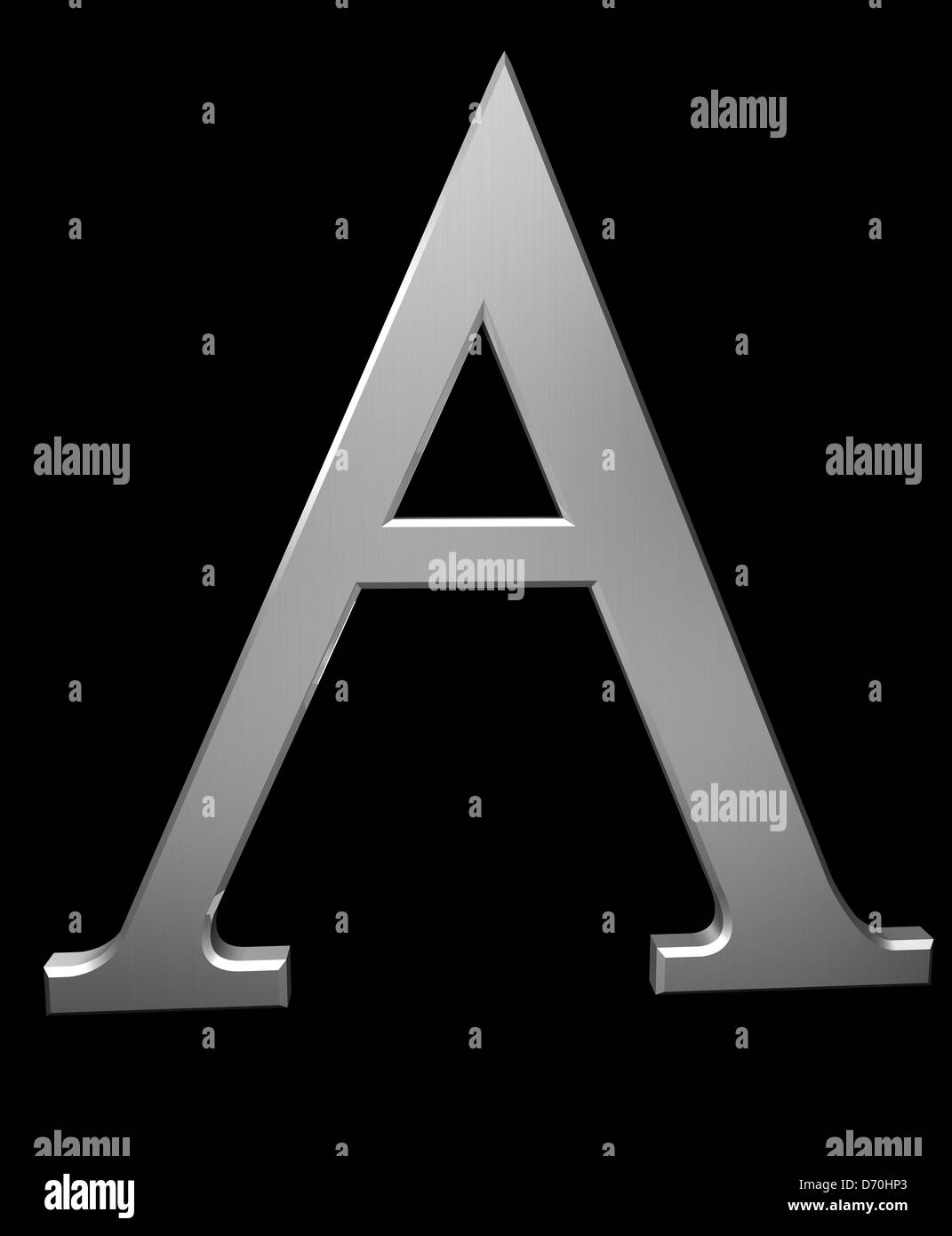 Buchstabe A in gebürstetem Stahl isoliert auf schwarz mit Beschneidungspfad Stockfoto