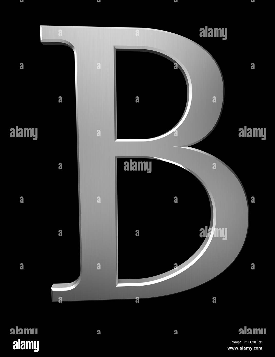 Buchstabe B aus gebürstetem Stahl isoliert auf schwarz mit Beschneidungspfad Stockfoto