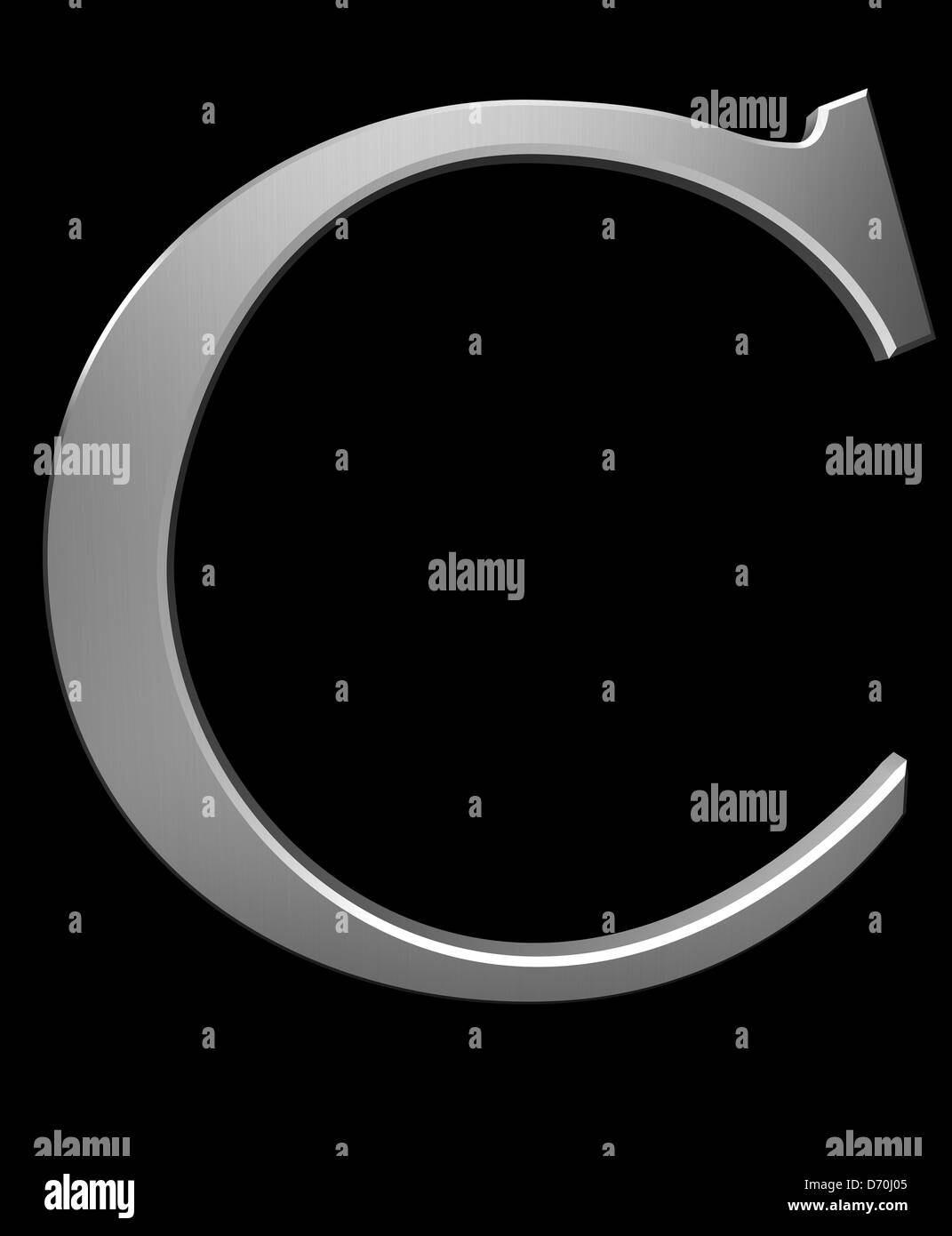 Buchstabe C aus gebürstetem Stahl isoliert auf schwarz mit Beschneidungspfad Stockfoto
