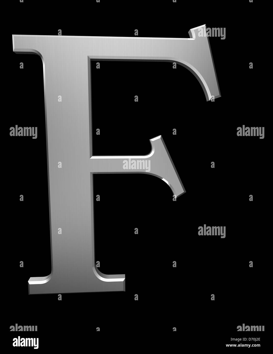 Buchstabe F in gebürstetem Stahl isoliert auf schwarz mit Beschneidungspfad Stockfoto