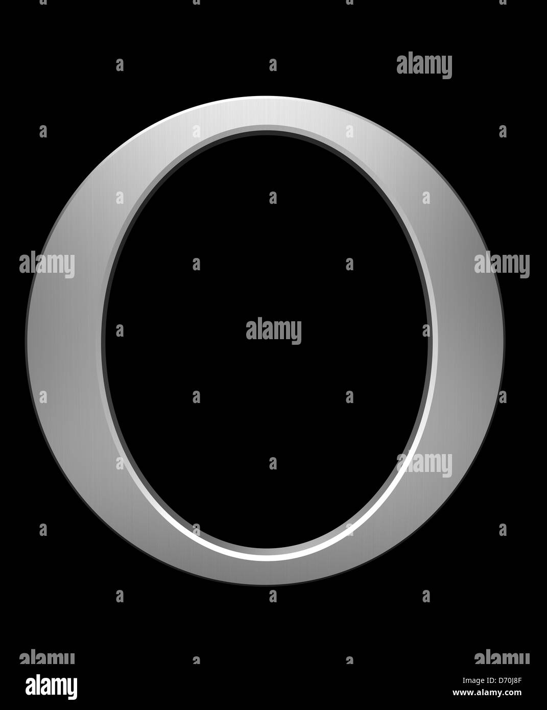 Buchstabe O in gebürstetem Stahl isoliert auf schwarz mit Beschneidungspfad Stockfoto
