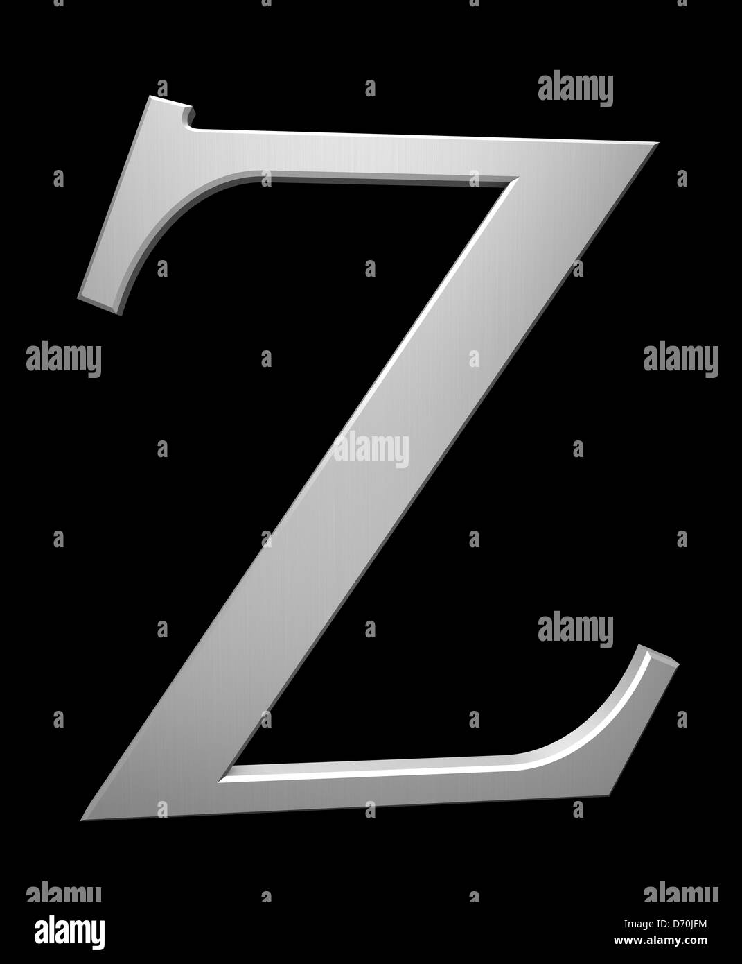 Buchstabe Z in gebürstetem Stahl isoliert auf schwarz mit Beschneidungspfad Stockfoto