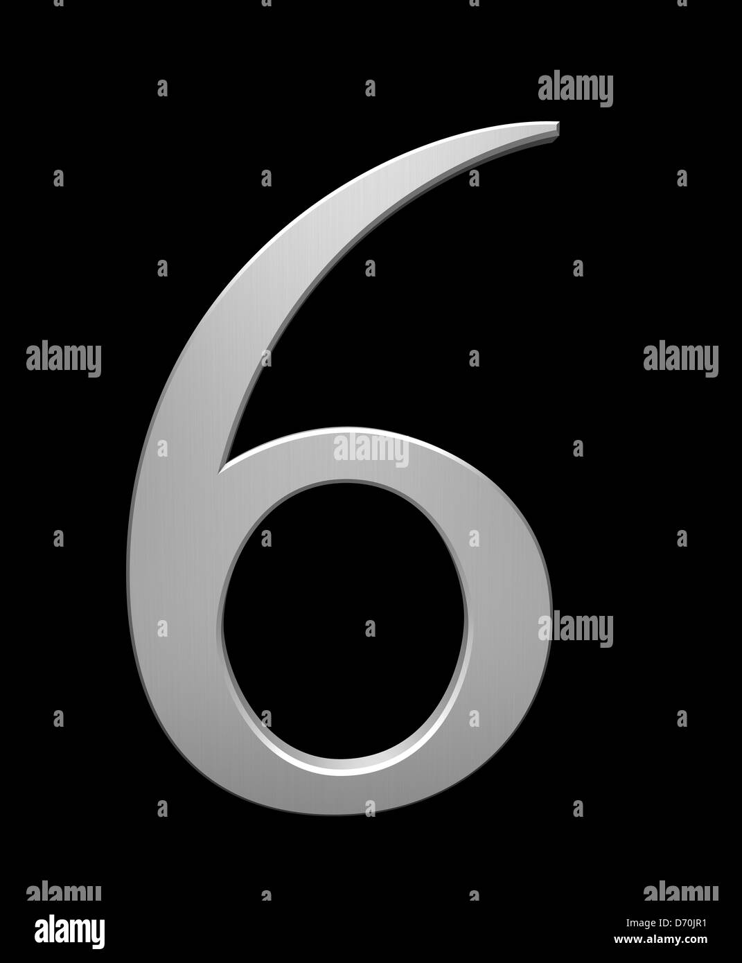 Nummer 6 in gebürstetem Stahl isoliert auf schwarz mit Beschneidungspfad Stockfoto