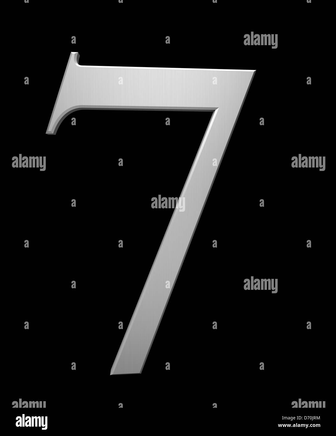 Nr. 7 in gebürstetem Stahl isoliert auf schwarz mit Beschneidungspfad Stockfoto