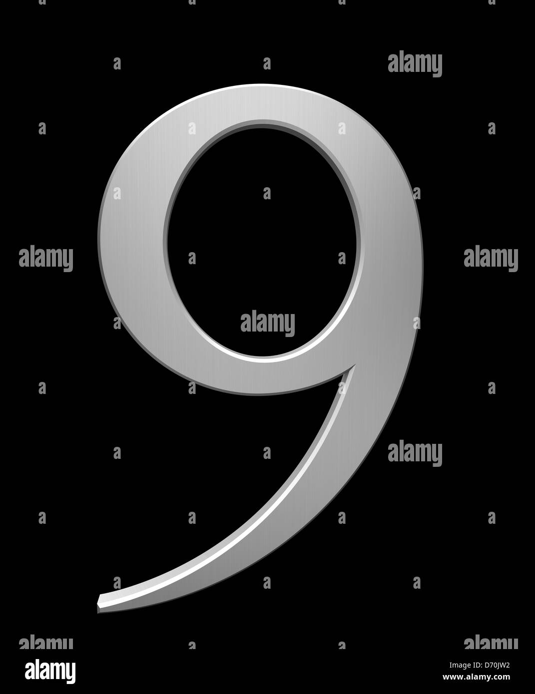 Nr. 9 in gebürstetem Stahl isoliert auf schwarz mit Beschneidungspfad Stockfoto