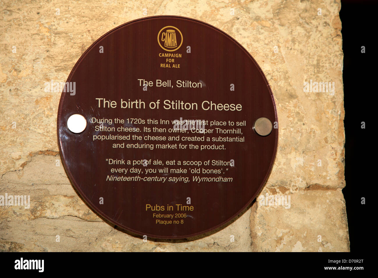 Blue Stilton Käse anmelden, das Bell Inn Hotel, Stilton Dorf, Cambridgeshire, England. Stockfoto