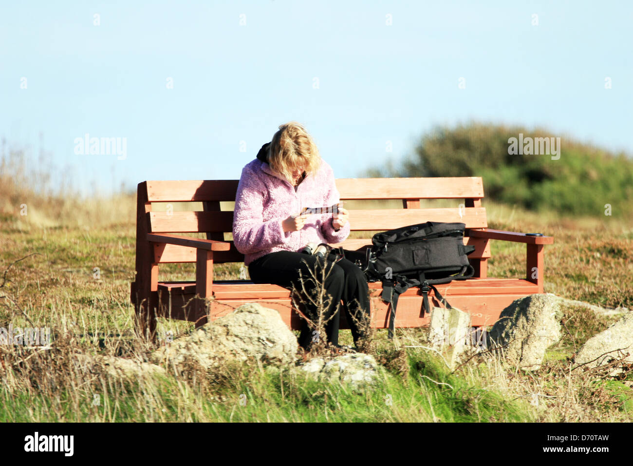 Dame Frau saß auf Parkbank lesen Broschüre im wind Stockfoto