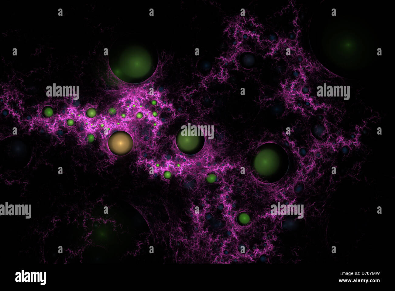 Planeten, die wirbelnden in elektrische Wolken in einer weit entfernten Galaxie. Lila Lichtbögen mit grünlichen, goldish, bräunlich Planeten. Stockfoto