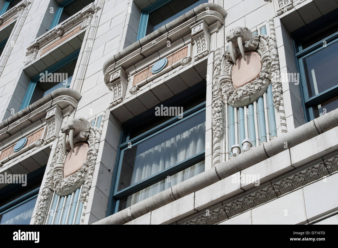 USA, Bundesstaat Washington, Seattle, Arctic Building (Hilton Hotel), Details der Architektur mit Walross Kopf Stockfoto