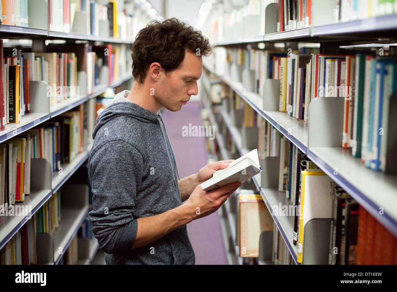 Schüler lesen Buch in Bibliothek, Universitätsausbildung Stockfoto