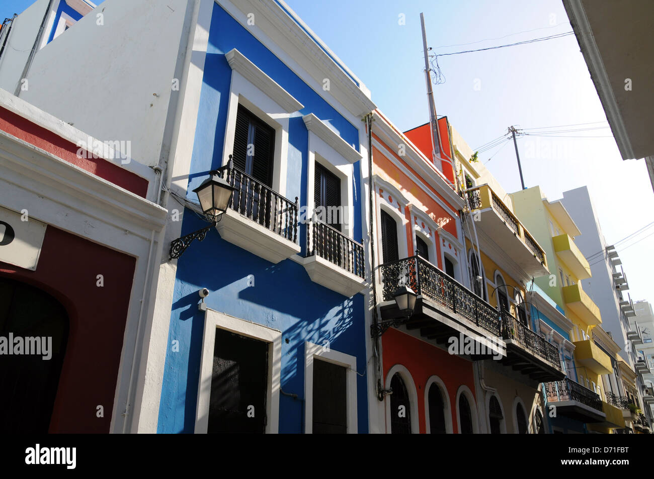 Bunte Häuser, Old San Juan, Puerto Rico Architektur. Stockfoto