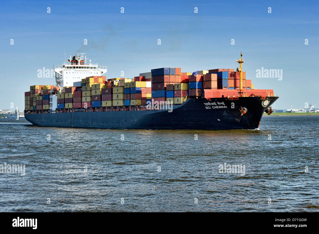 Container-Frachter Sci Chennai in Blankenese, Hamburg, Deutschland, Europa Stockfoto