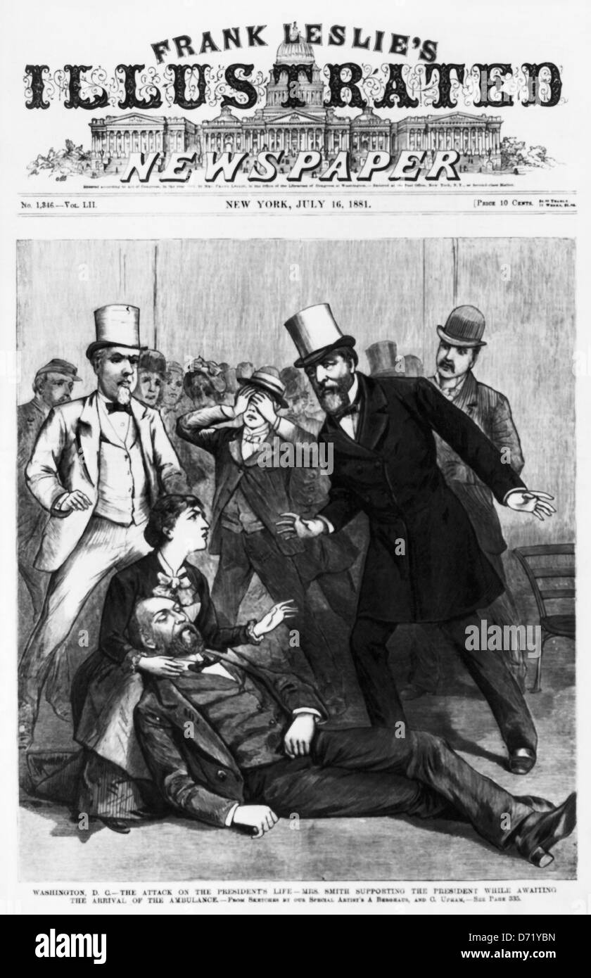 Illustration einer Vintage-Zeitung, die die Erschießung von James A Garfield darstellt. Stockfoto