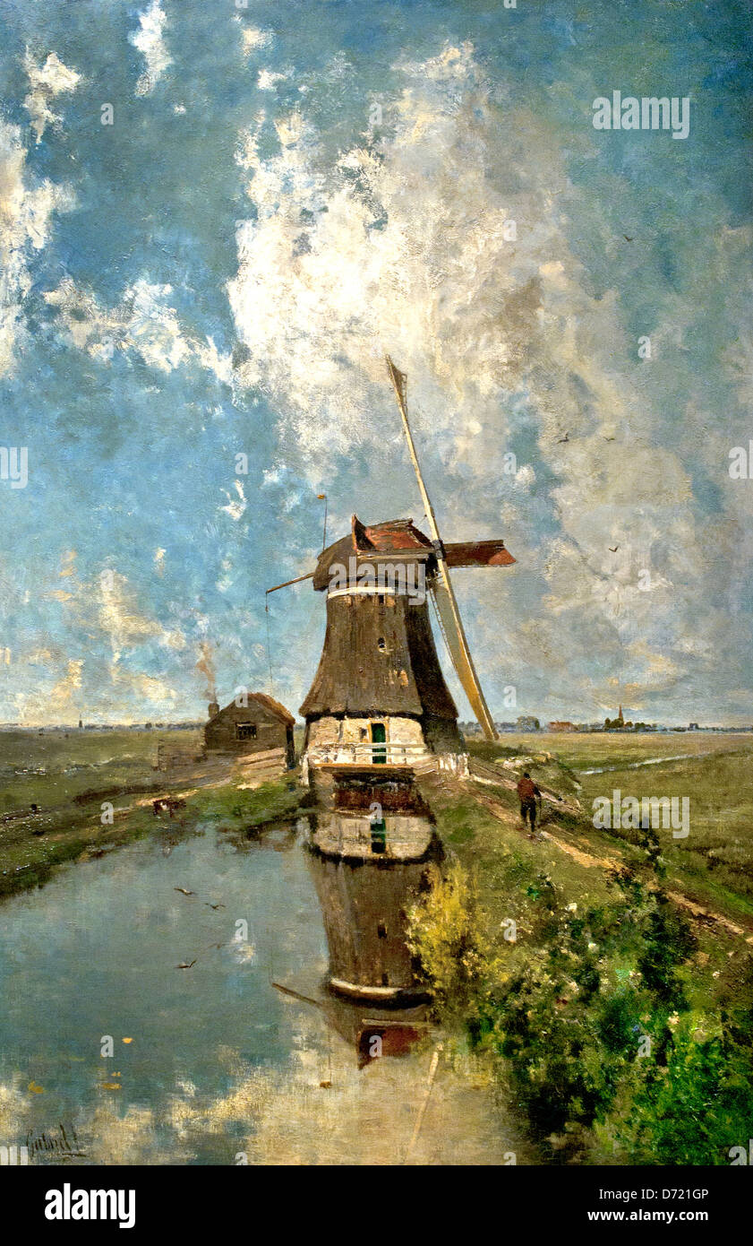 Eine Windmühle in die Polder Wasserstraße 1889 Paul Constantin Gabriel 1828-1903 Niederländisch Niederlande Stockfoto