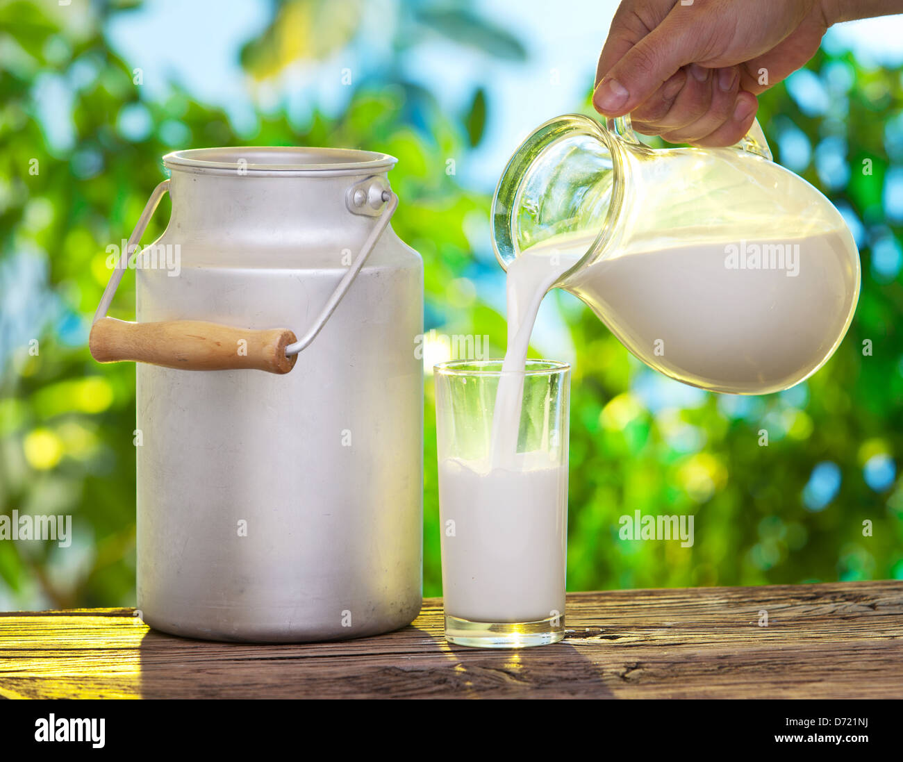 Gießen die Milch in das Glas auf dem Hintergrund der Natur. Stockfoto
