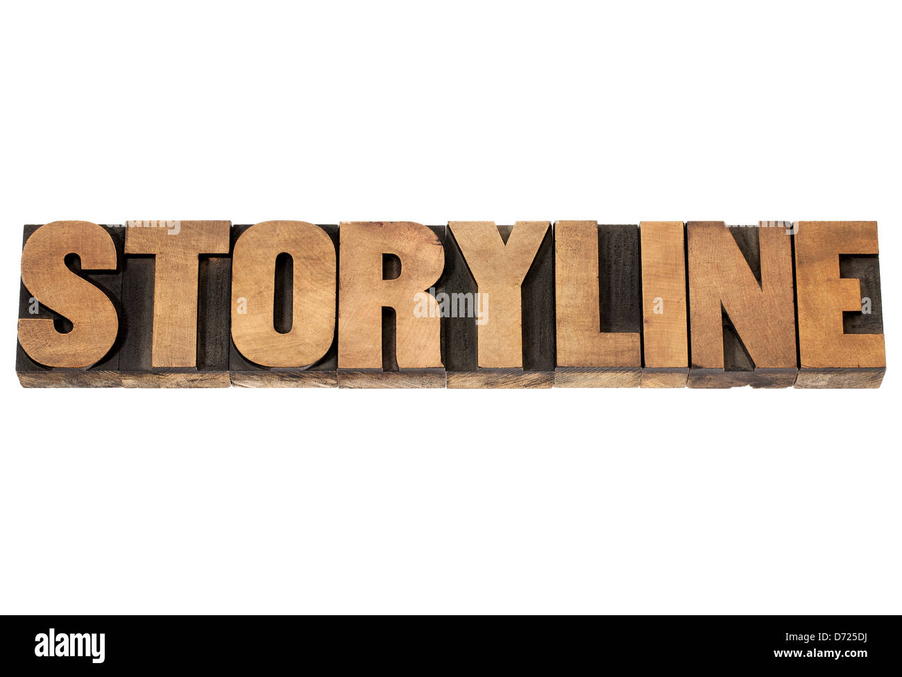 Storyline Word - Erzählung oder Geschichtenerzählen Konzept - isoliert-Text in Vintage Buchdruck Holzart Druckstöcke Stockfoto