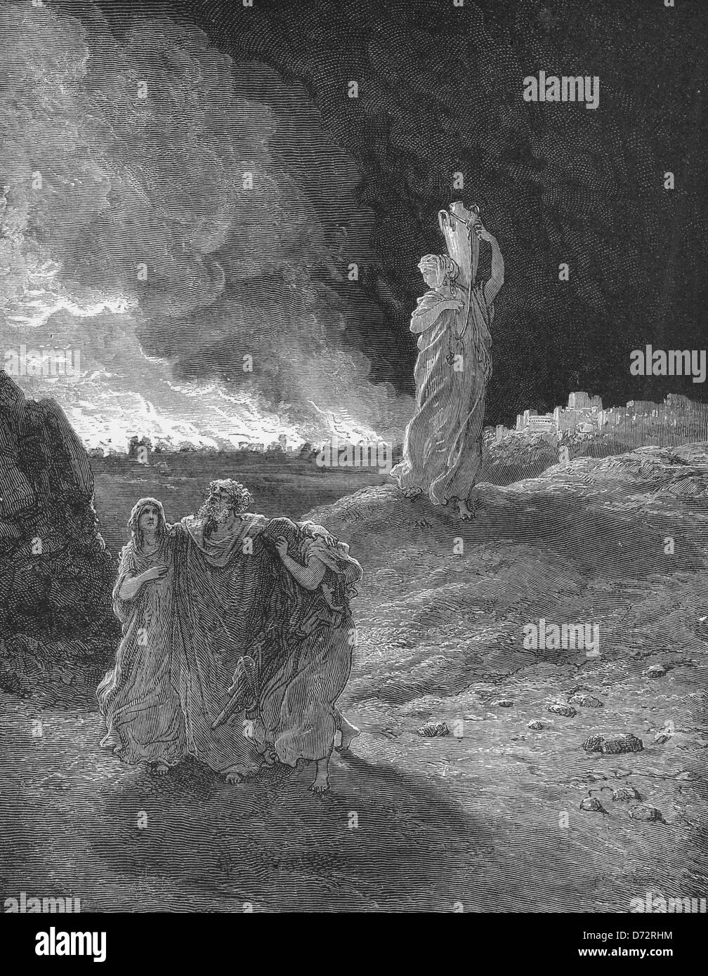 Lot und seine Familie entkommen einen brennenden Sodom, während Lots Frau in eine Salzsäule verwandelt ist, wenn sie zurückschaut.  Altes Testament Stockfoto