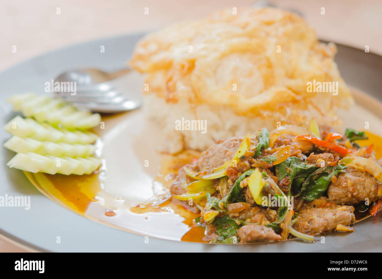 Spiegelei über Reis und Schweinefleisch gebraten mit Chili-Pfeffer, Basilikum Stockfoto