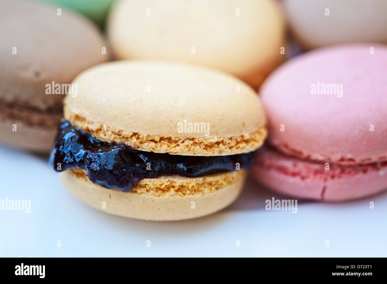 eine Vielzahl von französischen Macarrons von verschiedenen Farben und Geschmacksrichtungen Nahaufnahme Blick selektiven Fokus Stockfoto