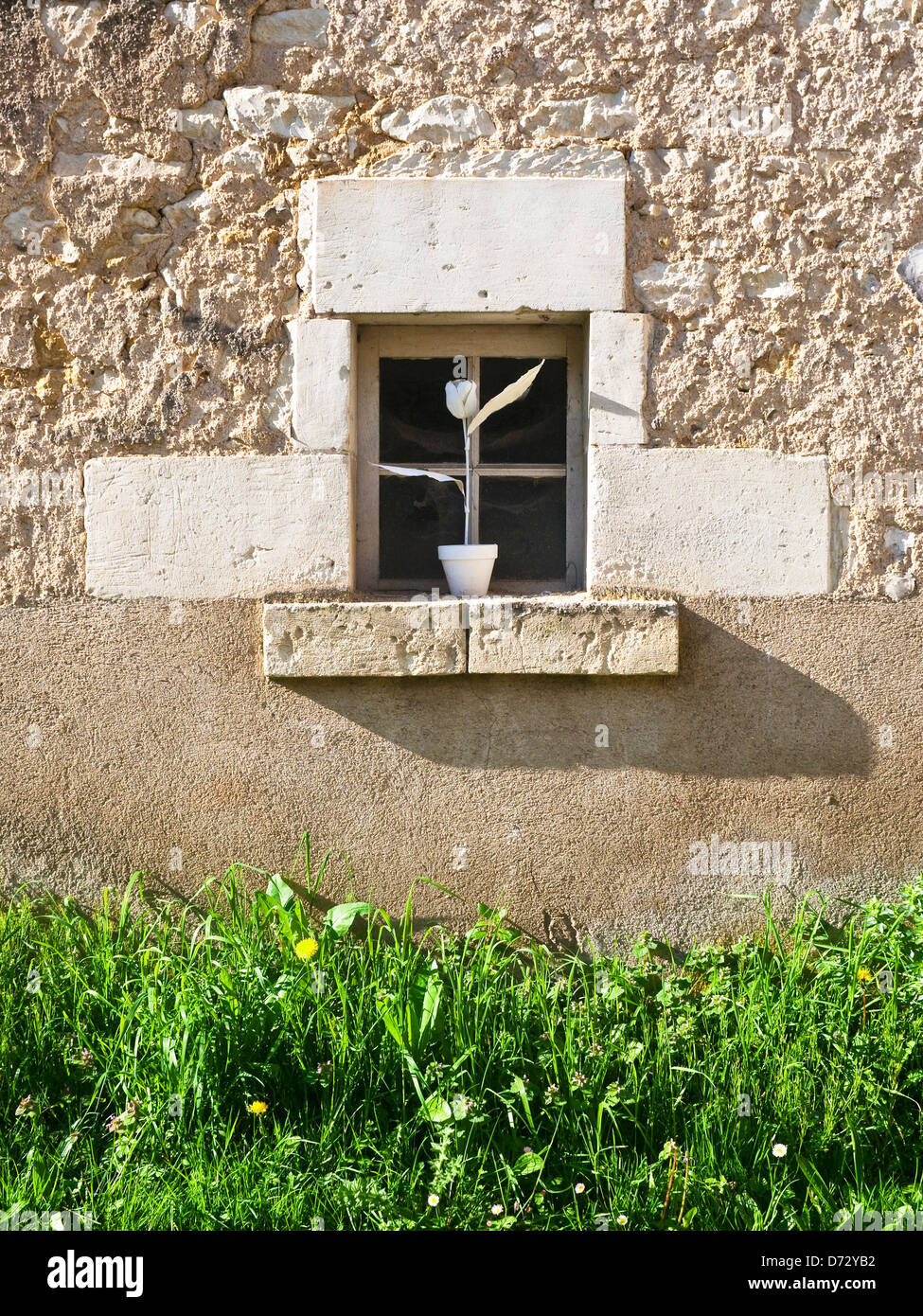 Kleines Fenster mit künstlichen weißen Tulpen Deko - Frankreich. Stockfoto