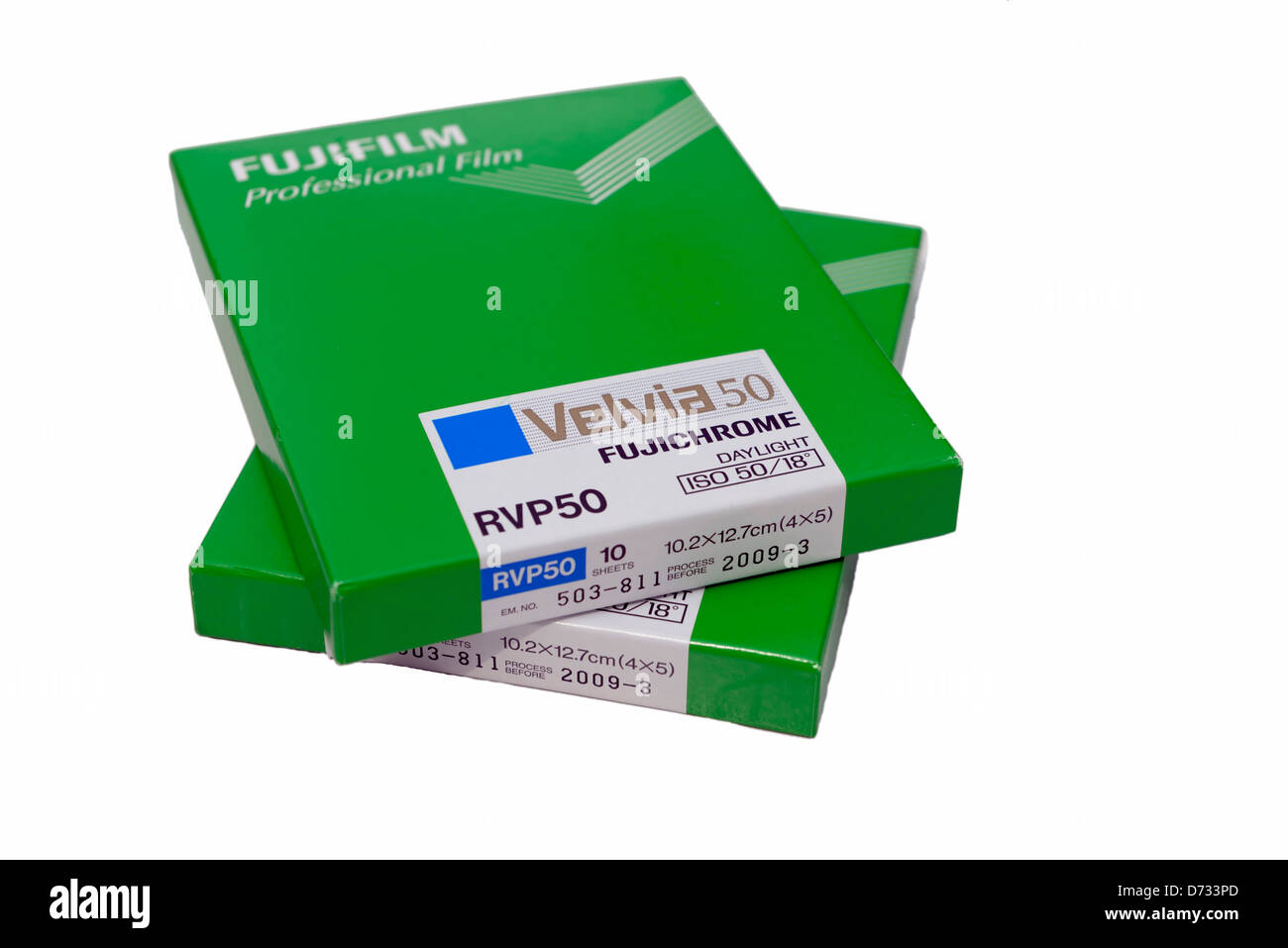 Boxen von Fujifilm Velvia 50 4 x 5 Transparentfolien Stockfoto