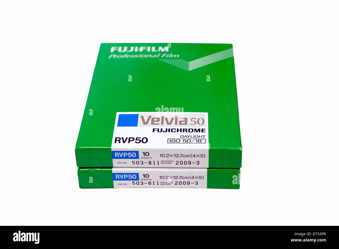 Boxen von Fujifilm Velvia 50 4 x 5-Blatt-film Stockfoto