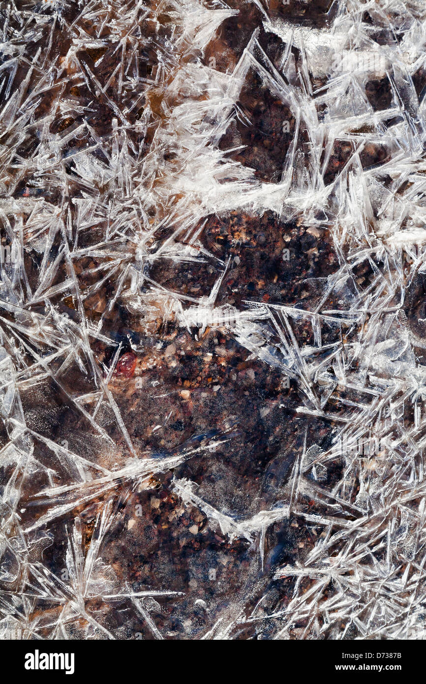 Frost Eiskristalle unter gefrorenen Bach im Frühlingswald Stockfoto
