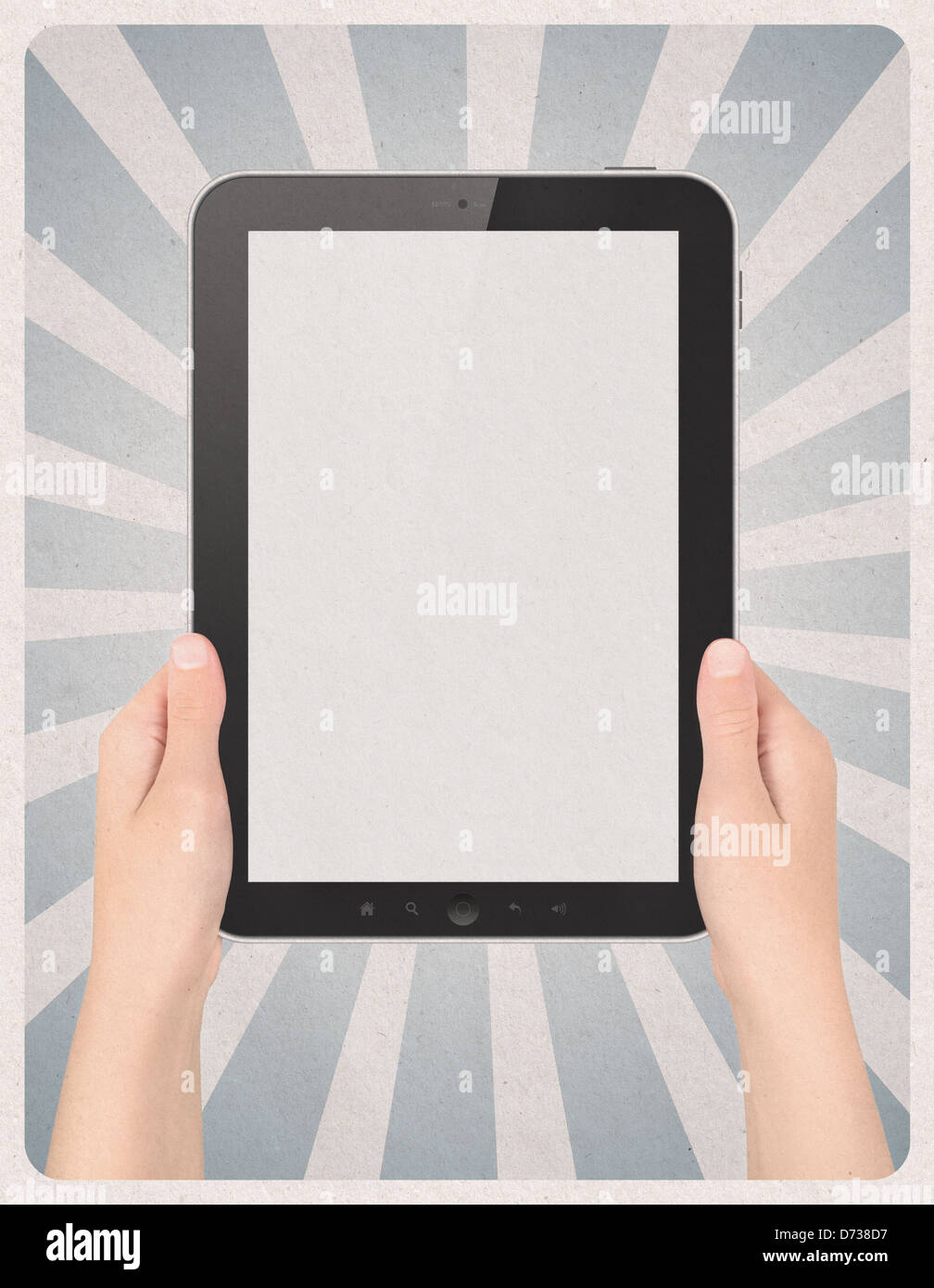 Retro-Stil Plakat oder Vintage Werbung mit modernen leer digital Tablet in den Händen auf Grunge-Papier-Hintergrund Stockfoto
