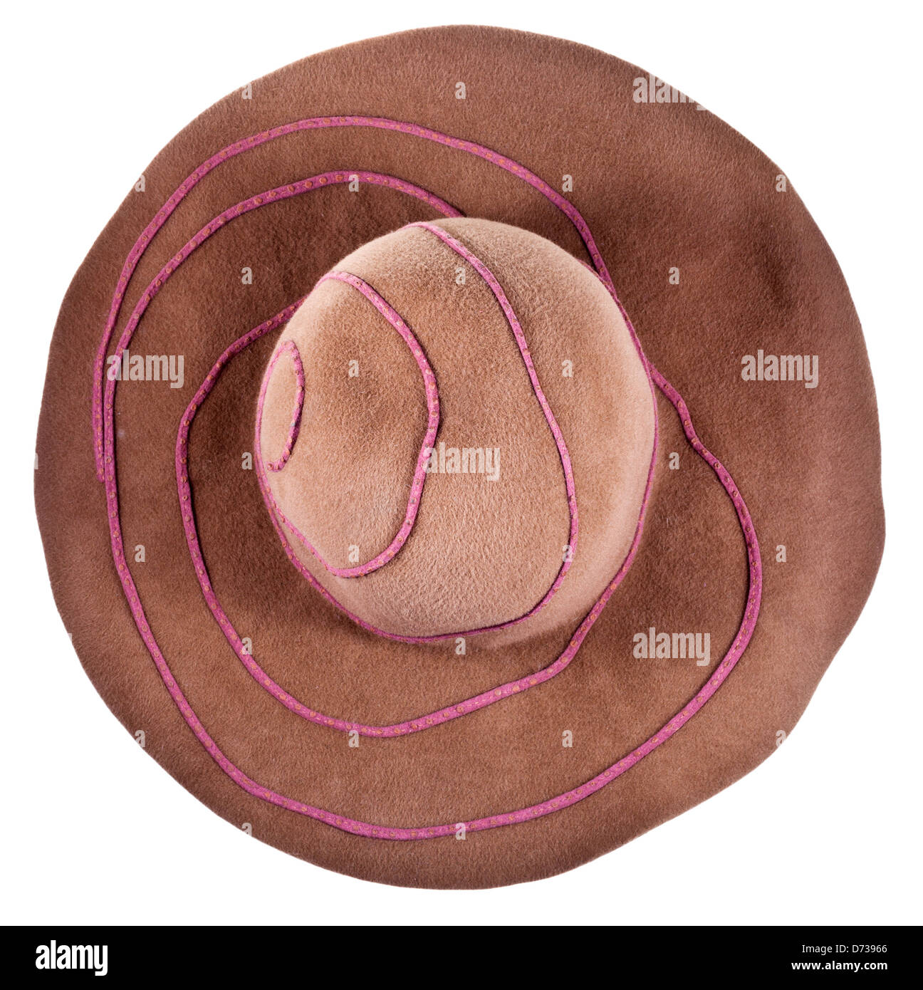 Ansicht von oben braun breite Krempe Filzhut isoliert auf weißem Hintergrund Stockfoto