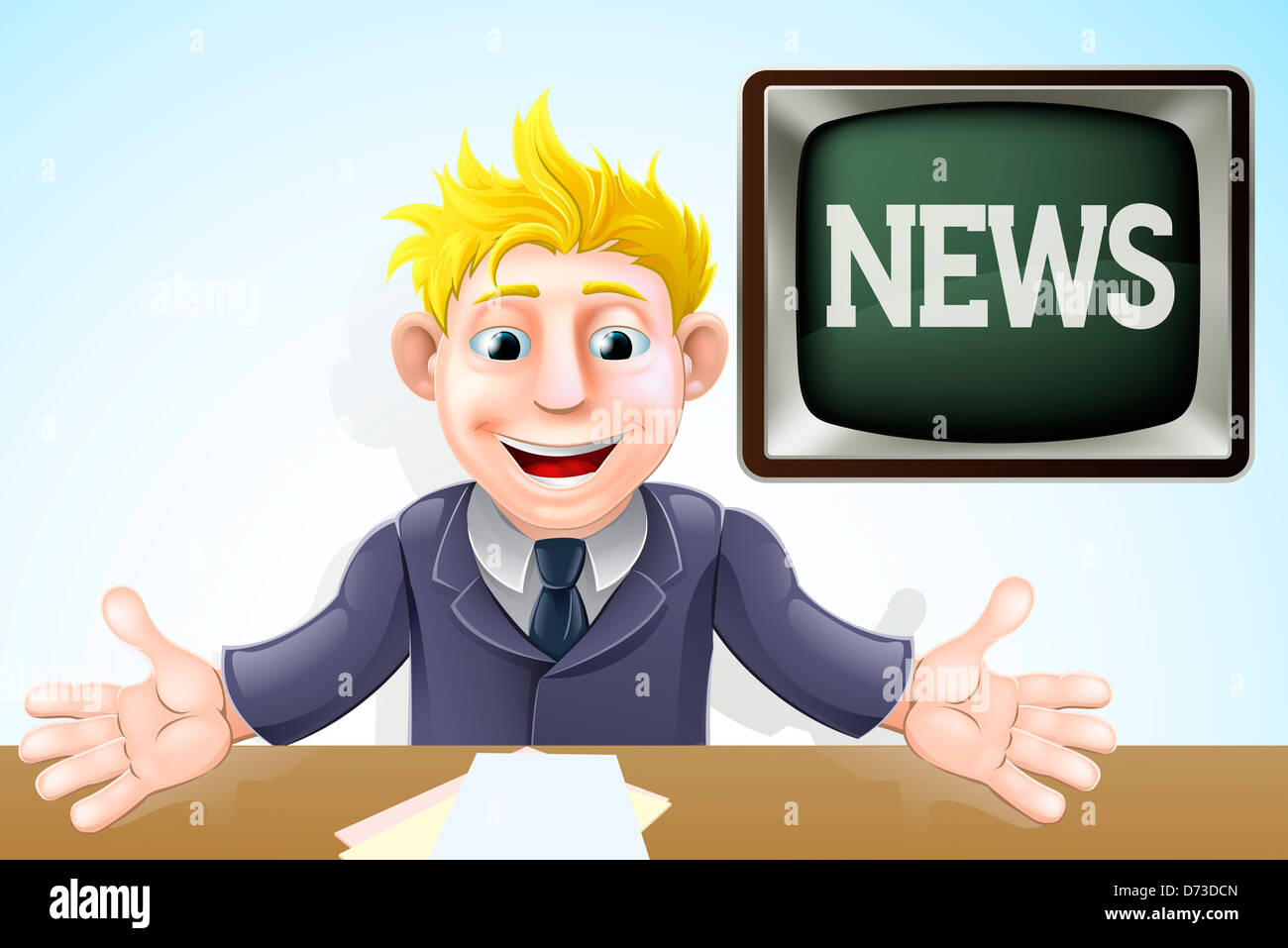 Zeichnung eines Zeichentrickfilms TV Nachrichtensprecher an seinem Schreibtisch Stockfoto