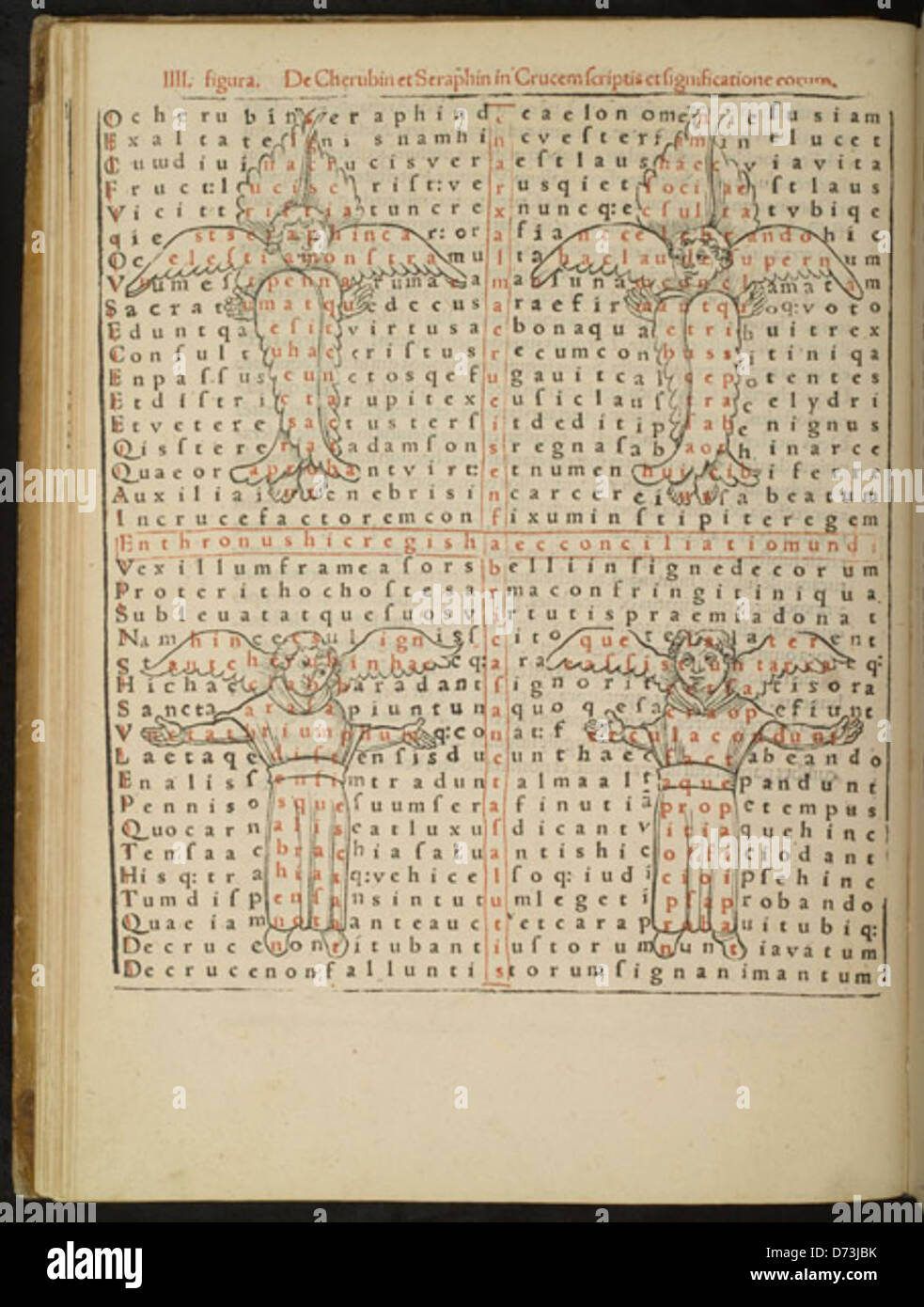 Ein Werk mit dem Titel „Magnencii Rabani Mauri de Laudibus Sancte Crucis“ mit Versen und Prosa von Jaco Wimpheling, Teil der Sammlung des Leo Baeck Institute. Es geht um die Verehrung des Heiligen Kreuzes und die christlich-jüdischen Beziehungen. Stockfoto