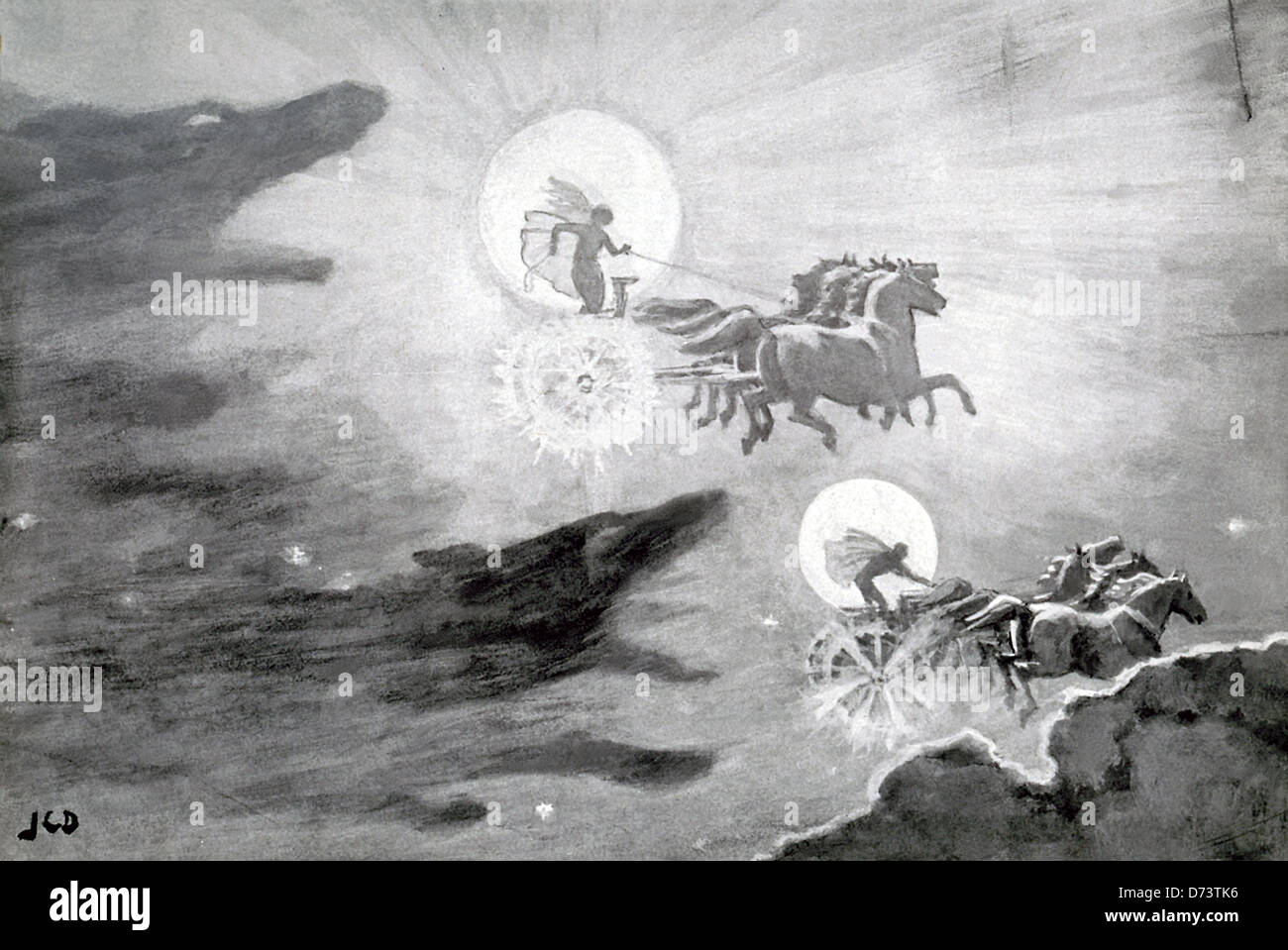 Die Wölfe verfolgt Sol und Mani ist durch j.c. Dollman. Laut der nordischen Mythologie war Mani den Mond; und Sol, die Sonne. Stockfoto