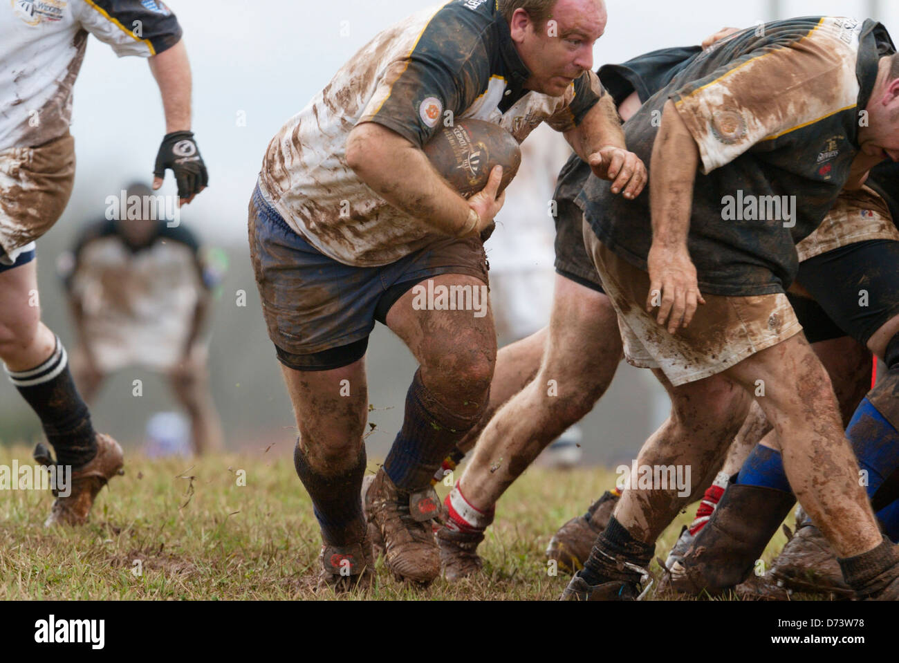 Mannschaften im schlammigen Bedingungen während der jährlichen Cherry Blossom-Rugby-Turnier. Stockfoto