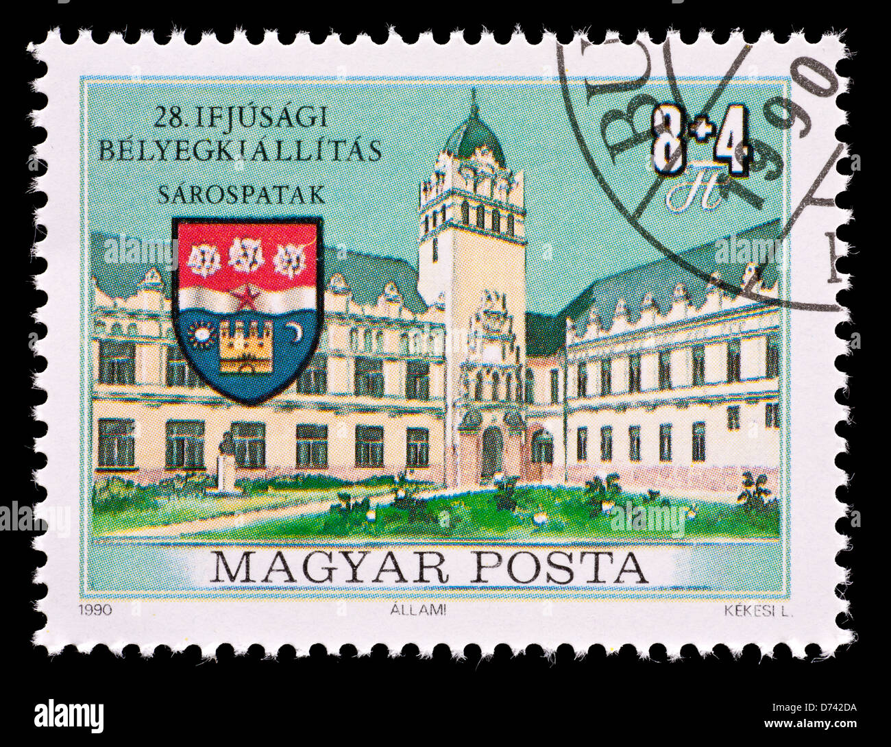Briefmarke aus Ungarn, die Darstellung der Lehrers Ausbildung High School und seitnem Municipal Arme. Stockfoto